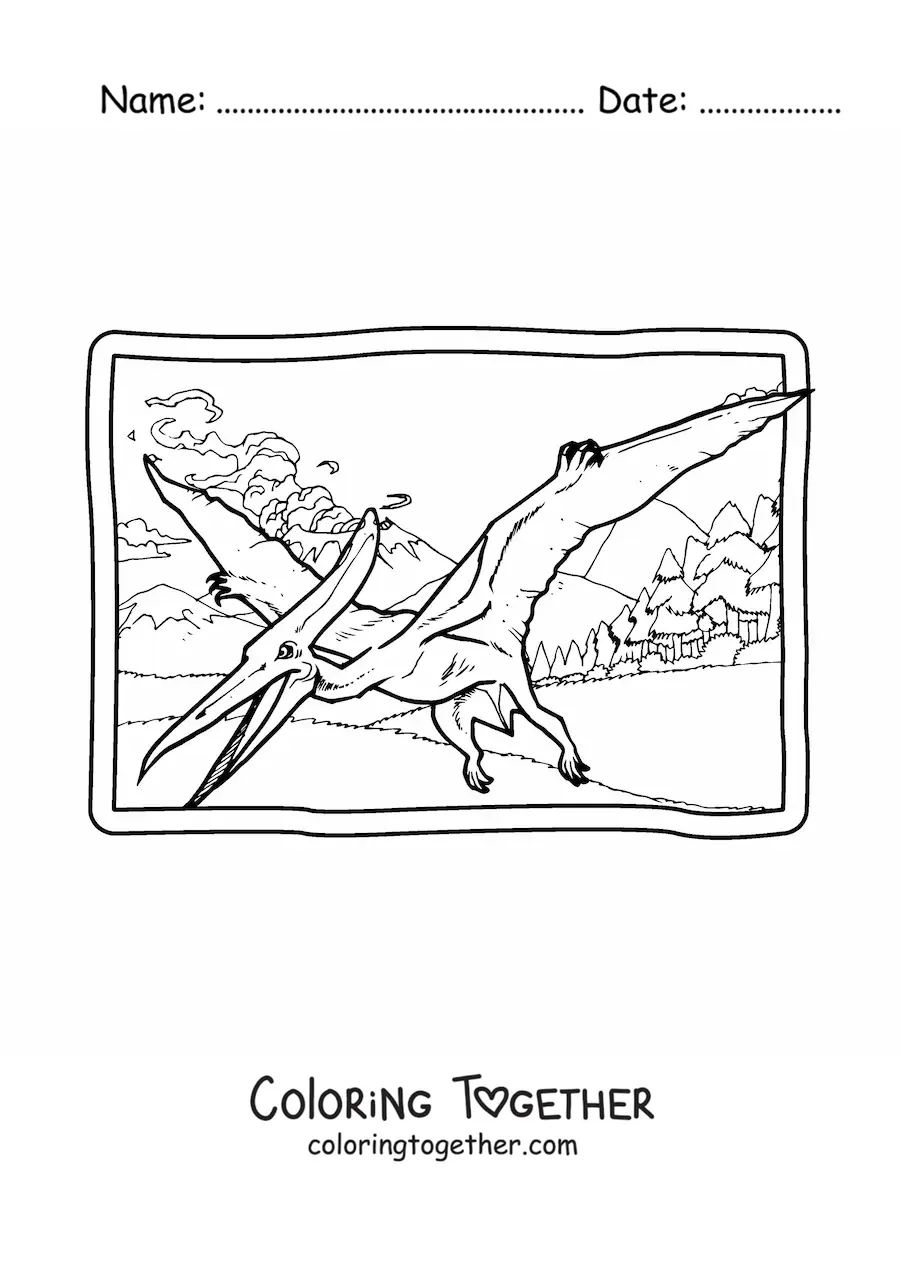 Coloring page of a realistic flying dinosaur