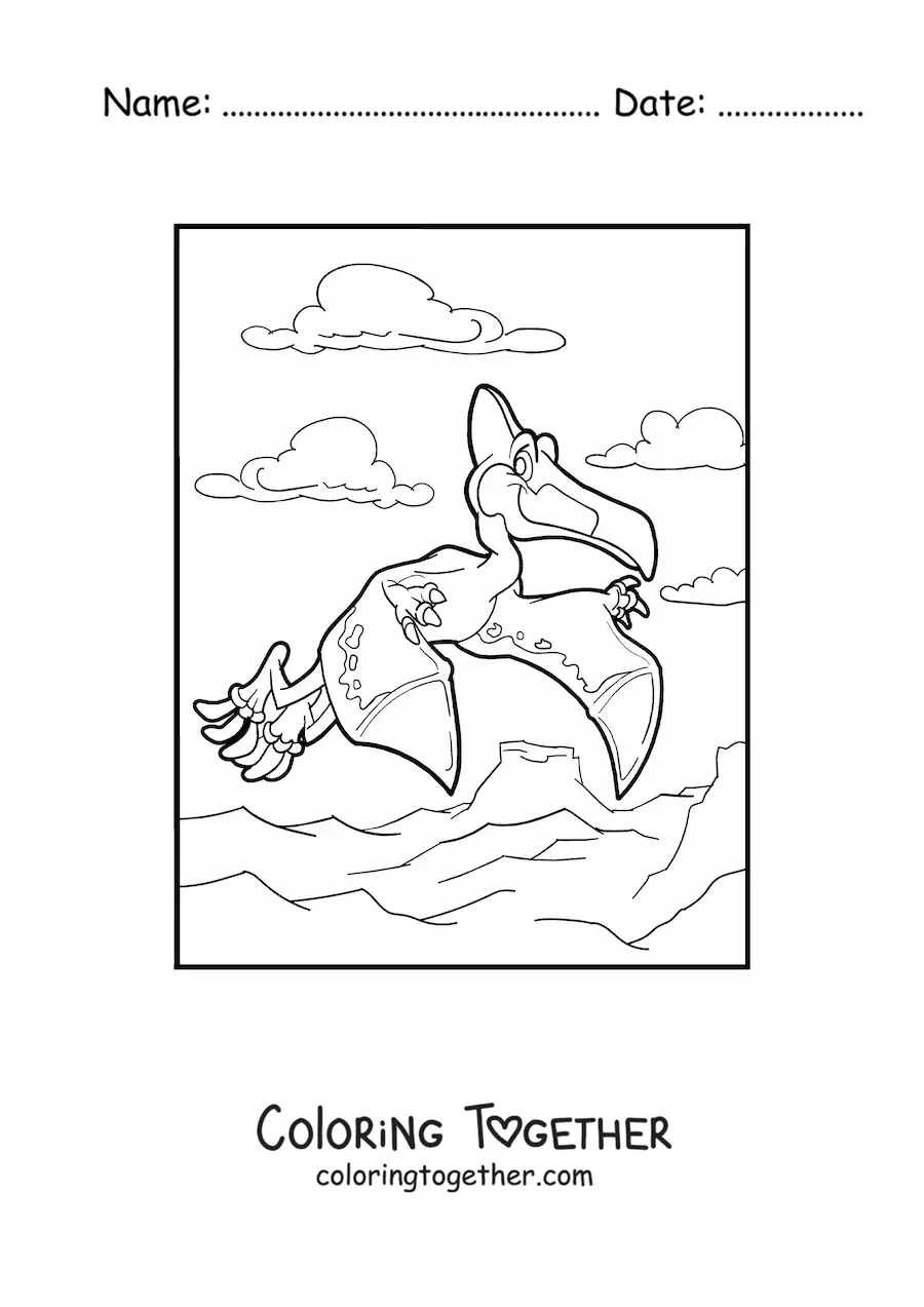 Coloring page of a flying dinosaur in flight