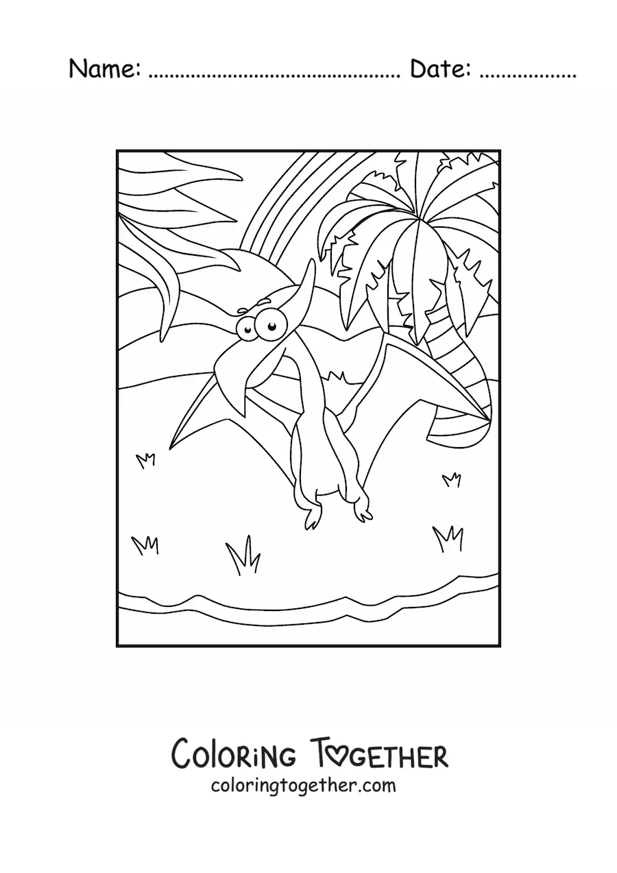 Coloring page of an easy animated flying dinosaur