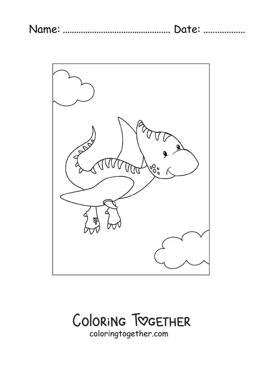 Coloring page of a cute baby flying dinosaur