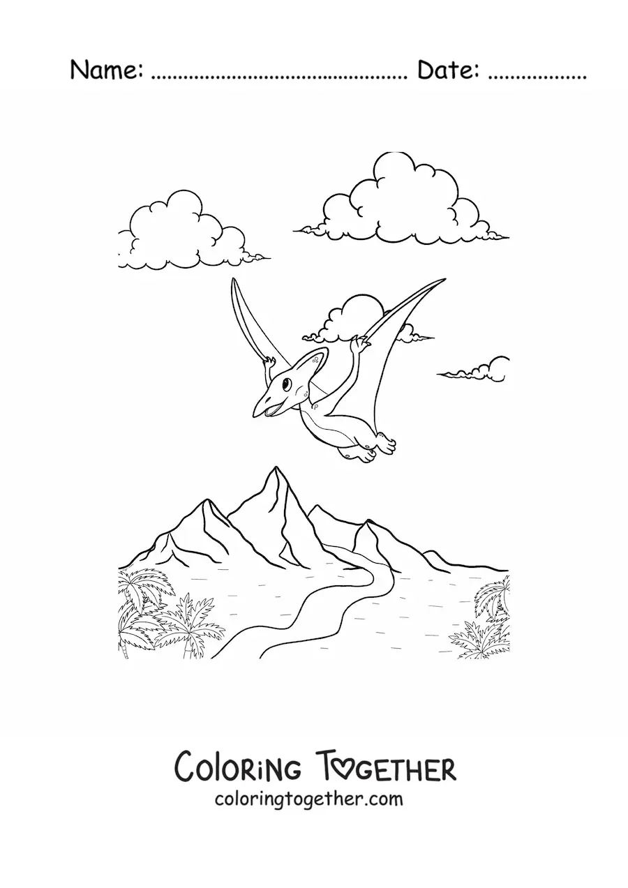 Coloring page of an animated flying dinosaur in flight