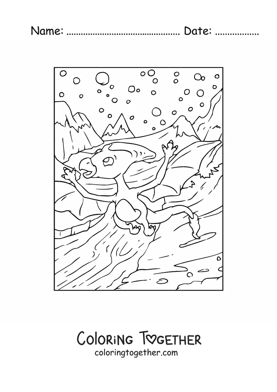Coloring page of a pretty flying dinosaur in flight