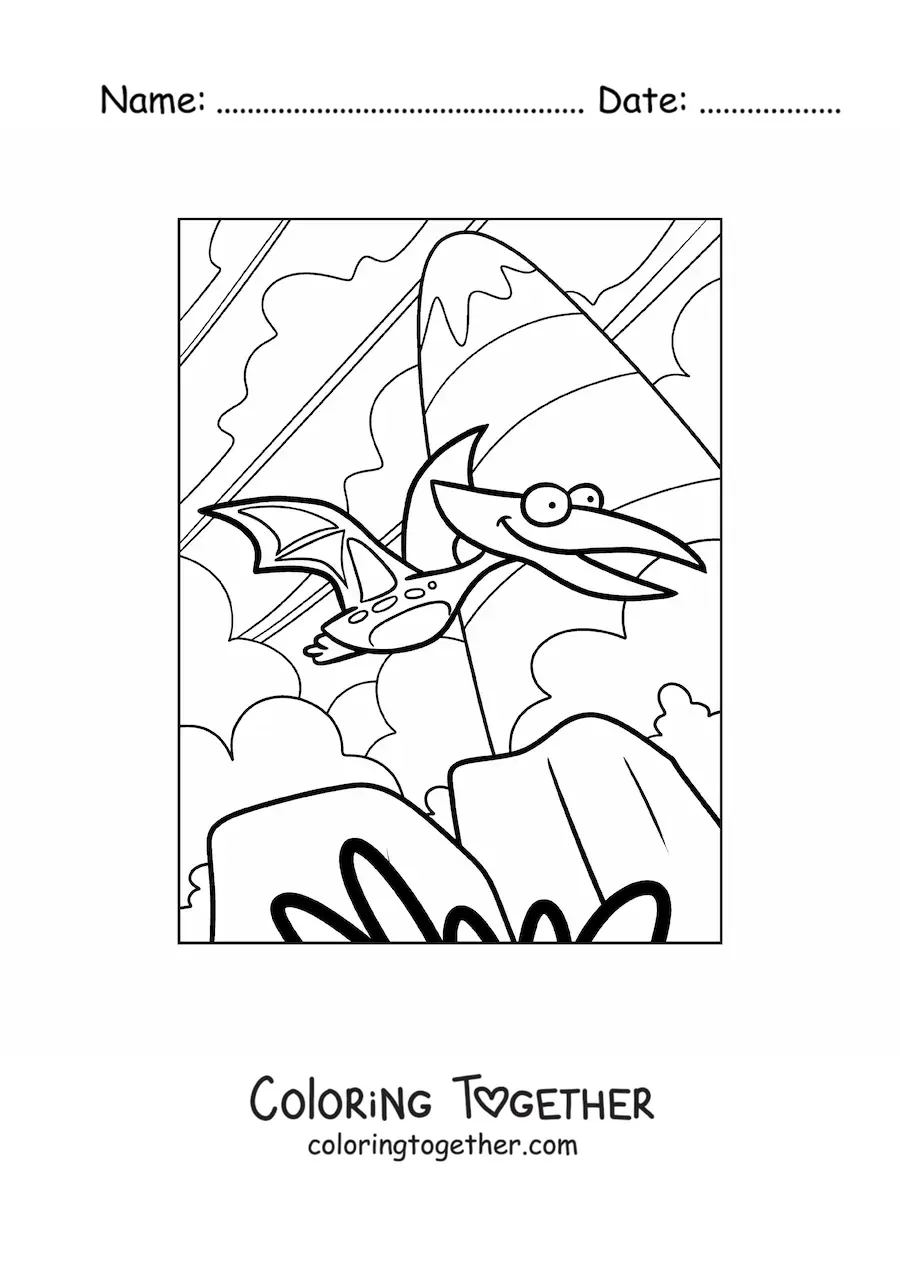 Coloring page of a cartoon of a flying dinosaur