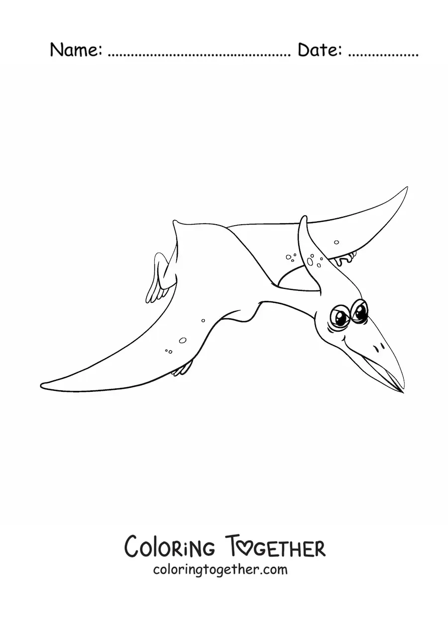 Coloring page of an animated flying dinosaur