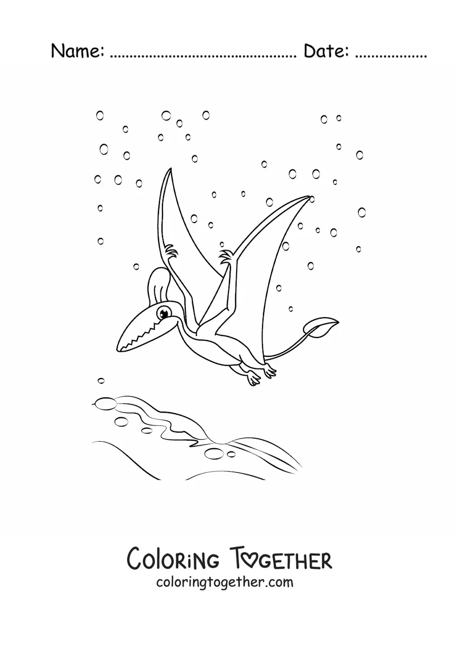 Coloring page of a flying dinosaur in cartoon style