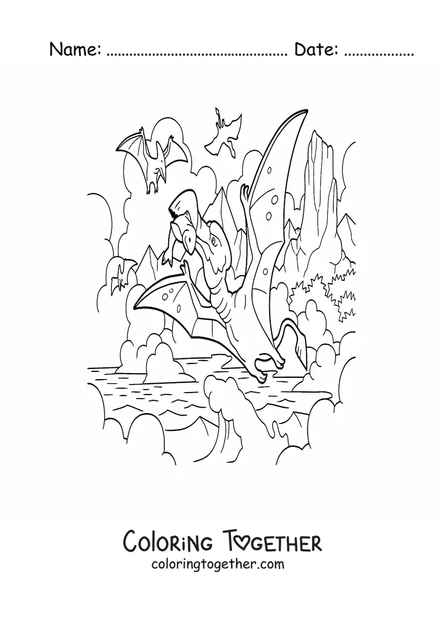 Coloring page of a carnivorous flying dinosaur hunting