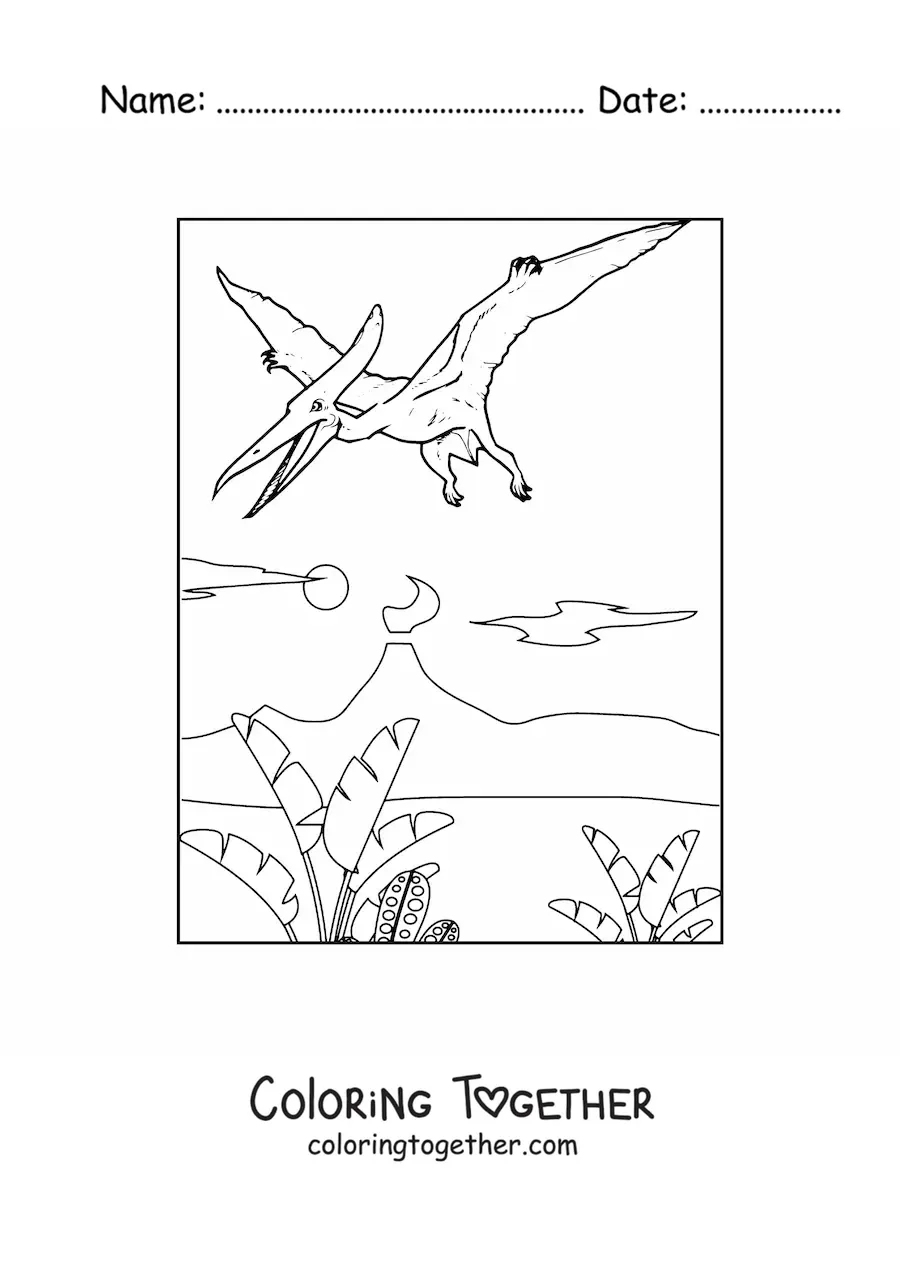 Coloring page of a flying dinosaur soaring in its habitat