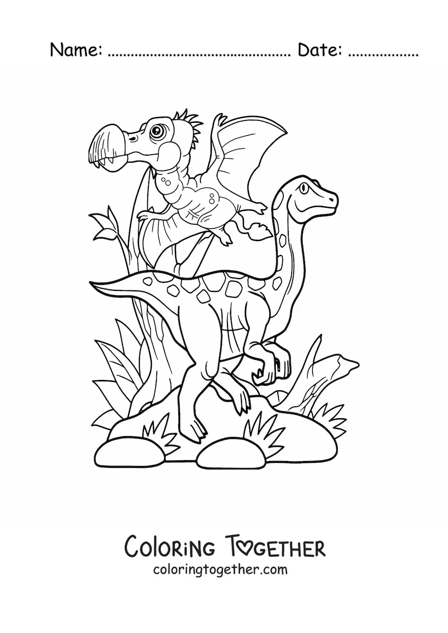 Coloring page of a flying dinosaur with a land dinosaur