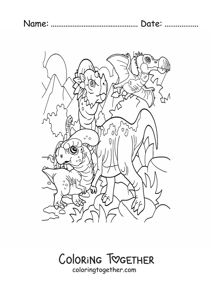 Coloring page of a flying dinosaur and land dinosaurs