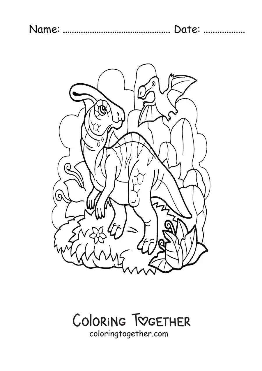 Coloring page of a carnivorous flying dinosaur and a herbivorous land dinosaur