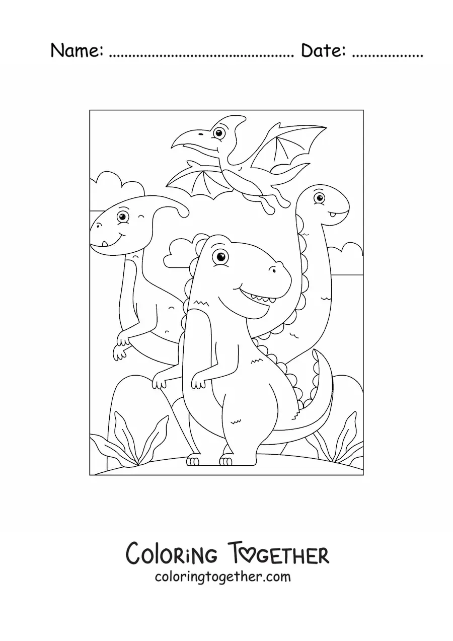 Coloring page of land dinosaurs and a pterodactyl flying