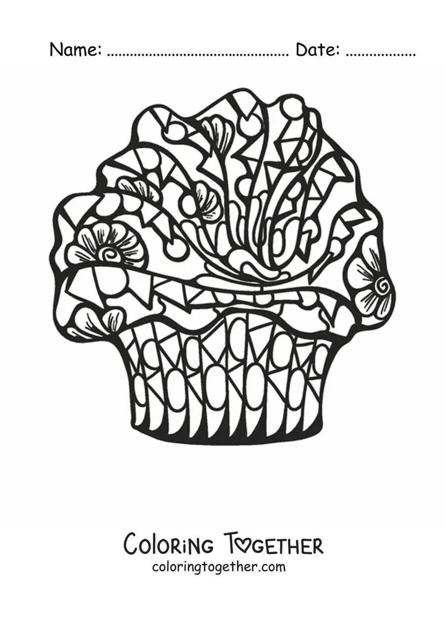 Coloring page of a cupcake with geometric shapes