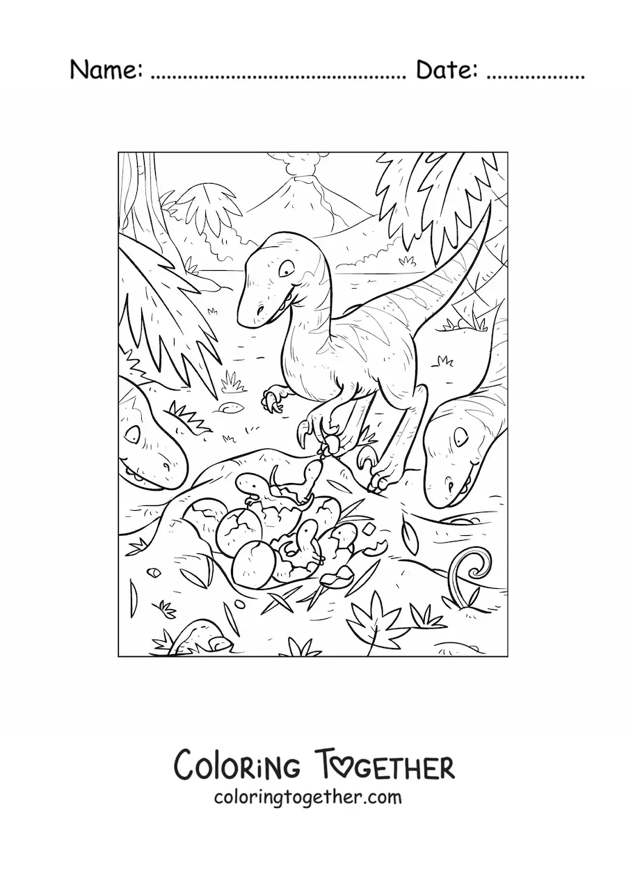 Coloring page of a baby velociraptor with its mom