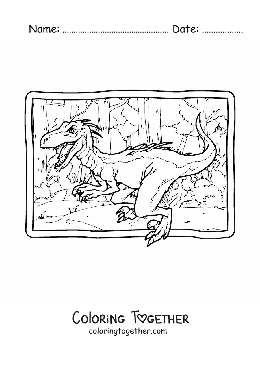 Coloring page of a realistic velociraptor in its habitat