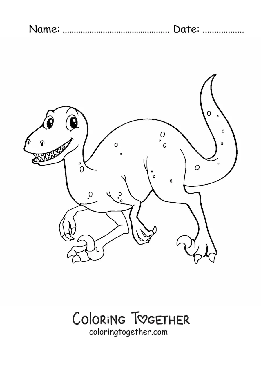 Coloring page of an animated velociraptor