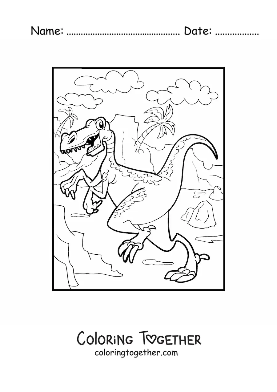 Coloring page of an animated velociraptor in its habitat