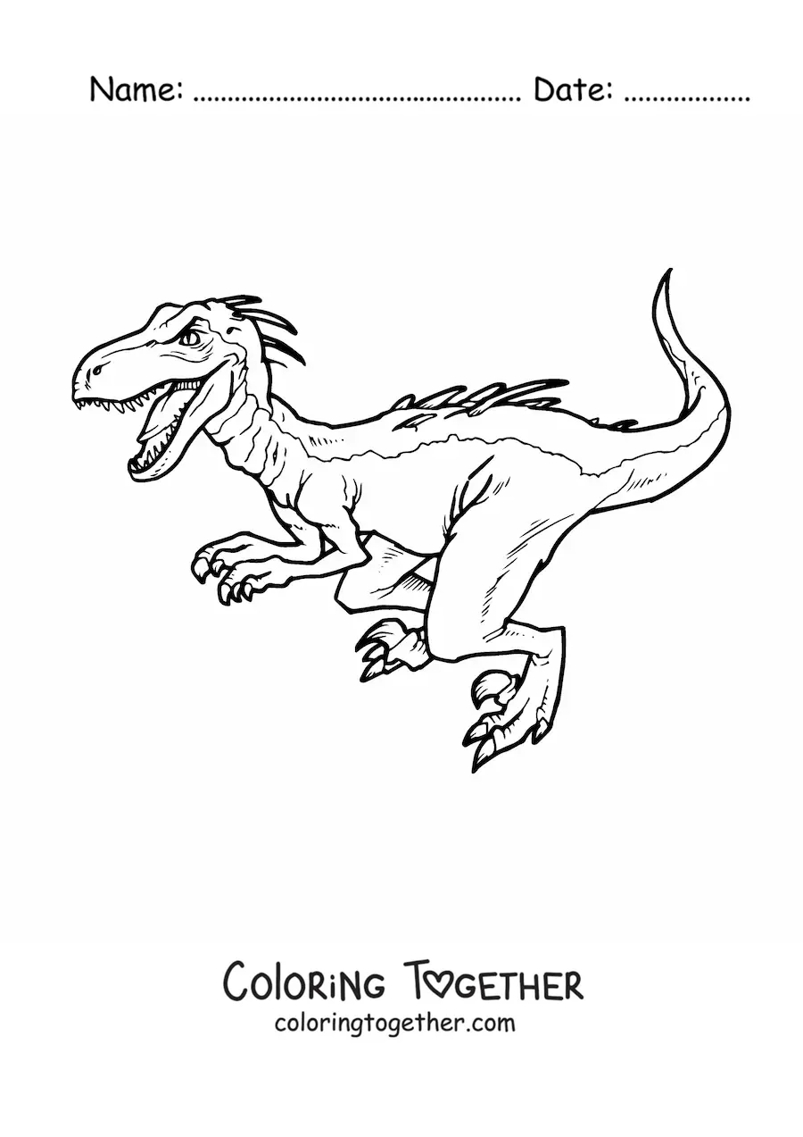 Coloring page of a roaring velociraptor
