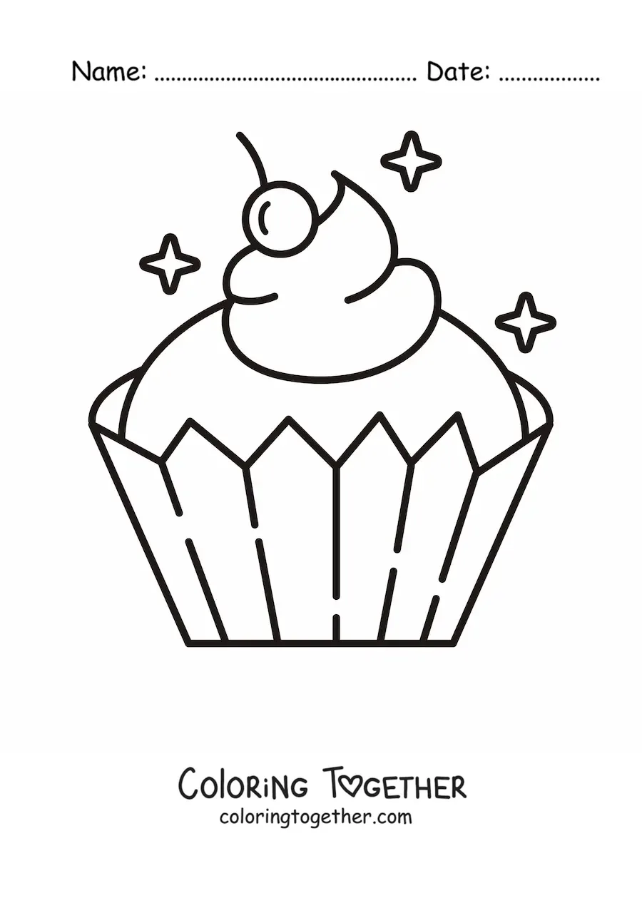 Coloring page of a cupcake with a cherry on top of the frosting and sparkles