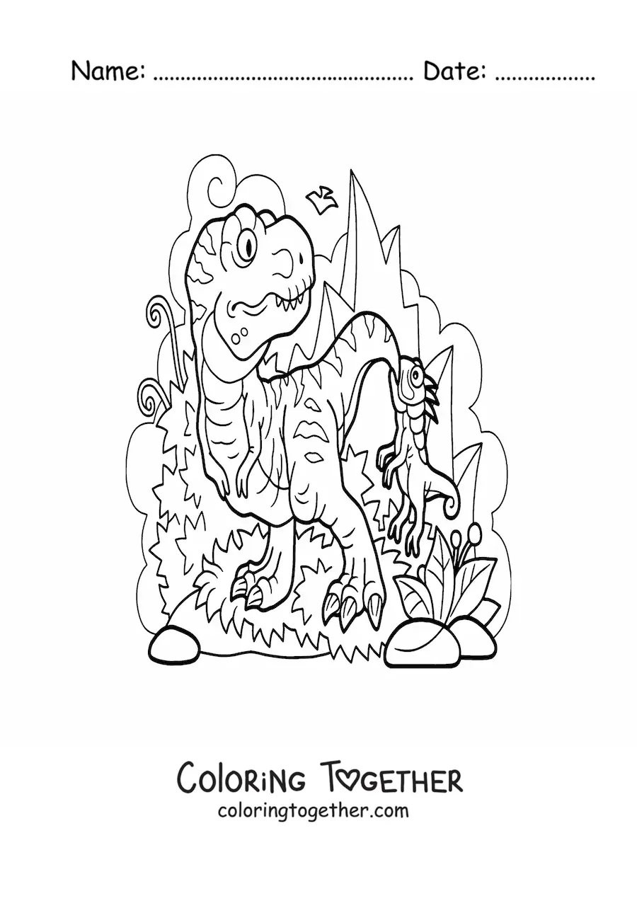 Coloring page of a carnivorous tyrannosaurus rex in its habitat
