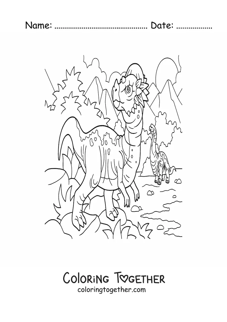 Coloring page of a bipedal carnivorous dinosaur in its habitat