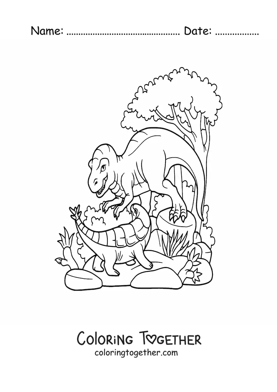 Coloring page of a carnivorous dinosaur vs a herbivorous one