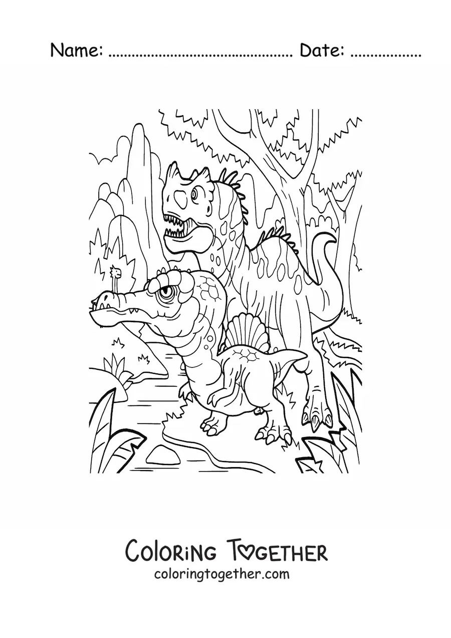 Coloring page of dangerous carnivorous dinosaurs