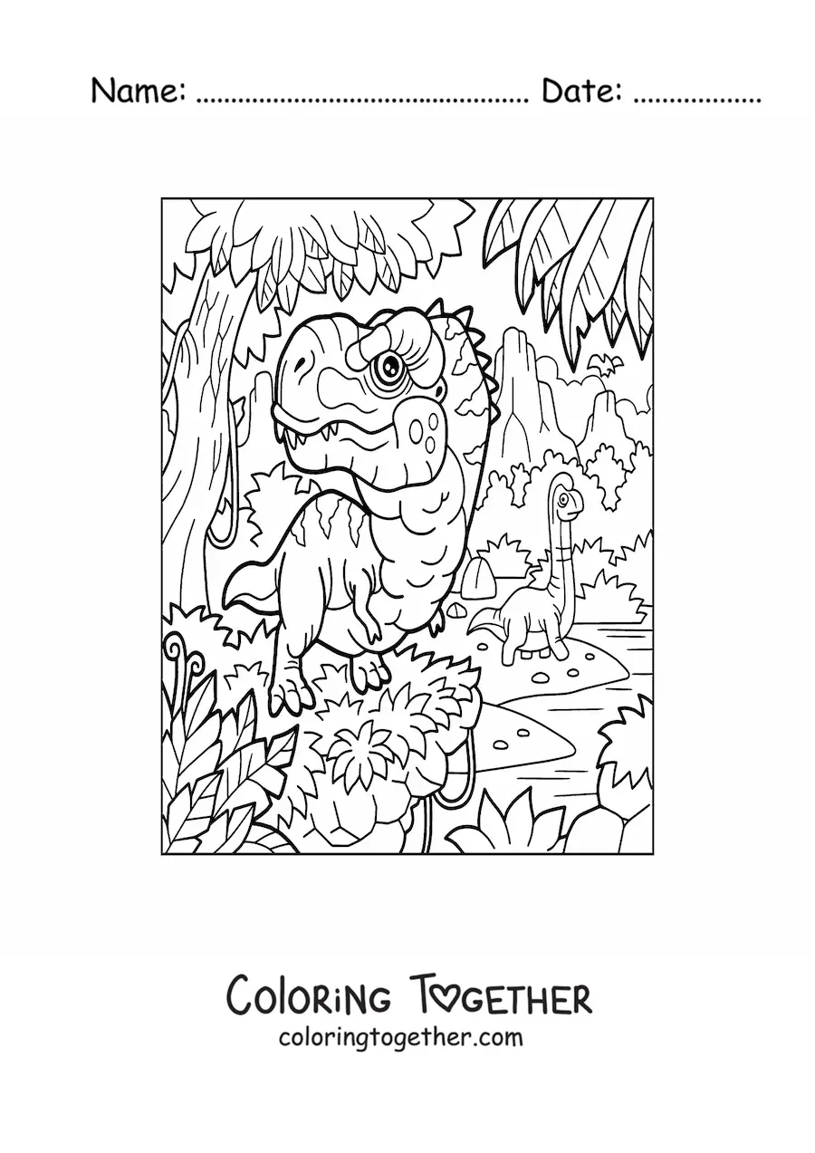 Coloring page of a baby carnivorous dinosaur and a herbivore