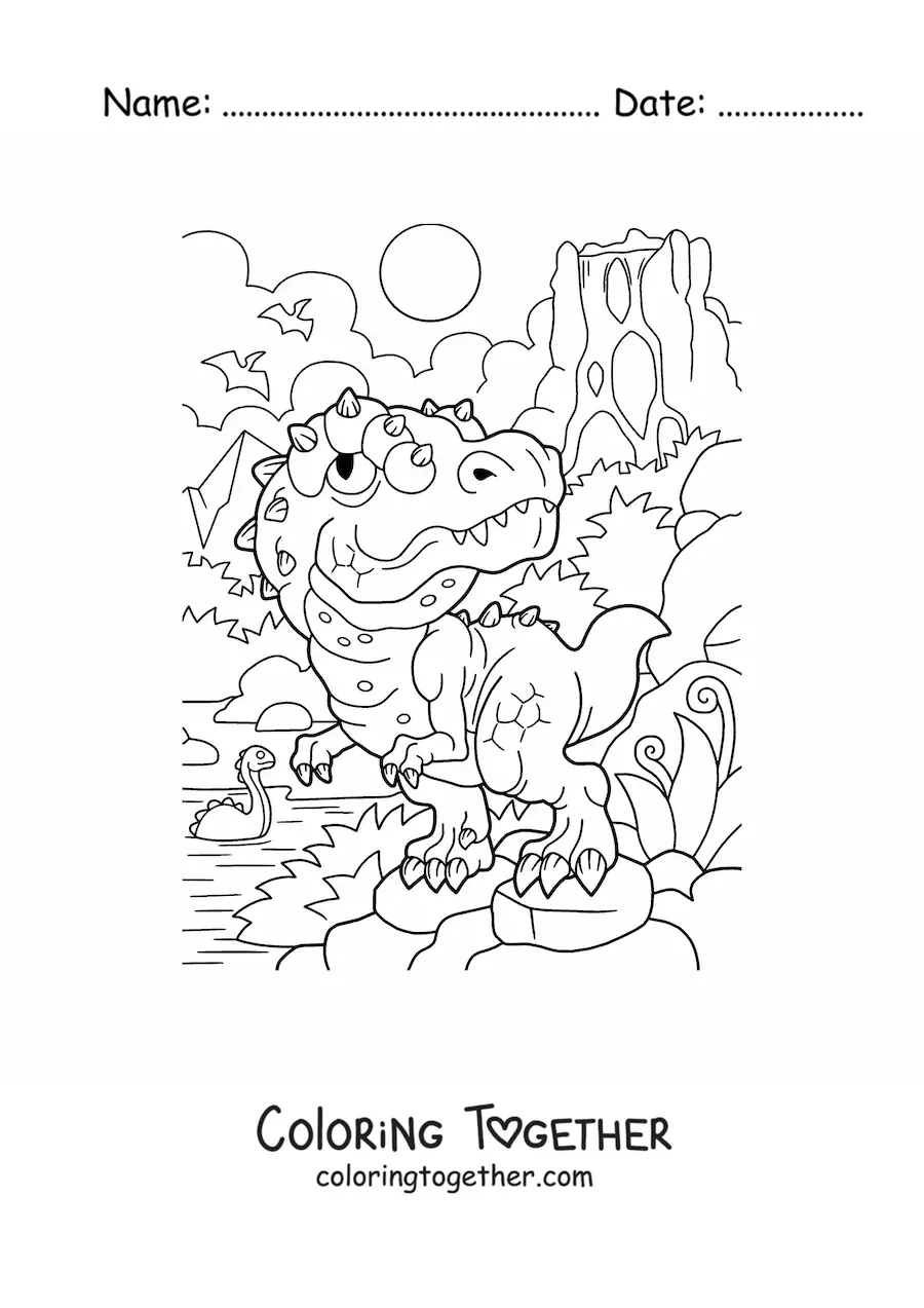 Coloring page of a baby carnivorous dinosaur in its habitat