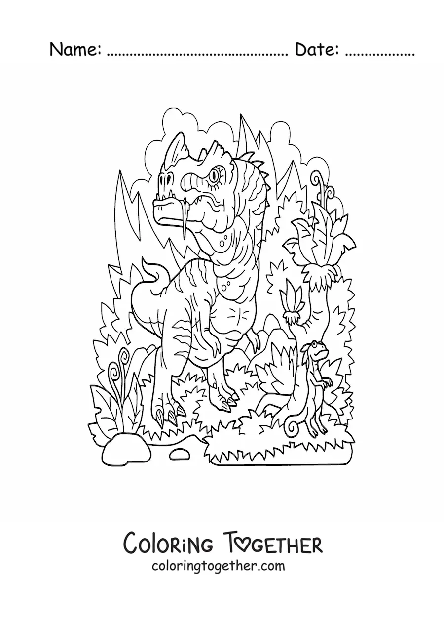 Coloring page of a large dangerous carnivorous dinosaur hunting
