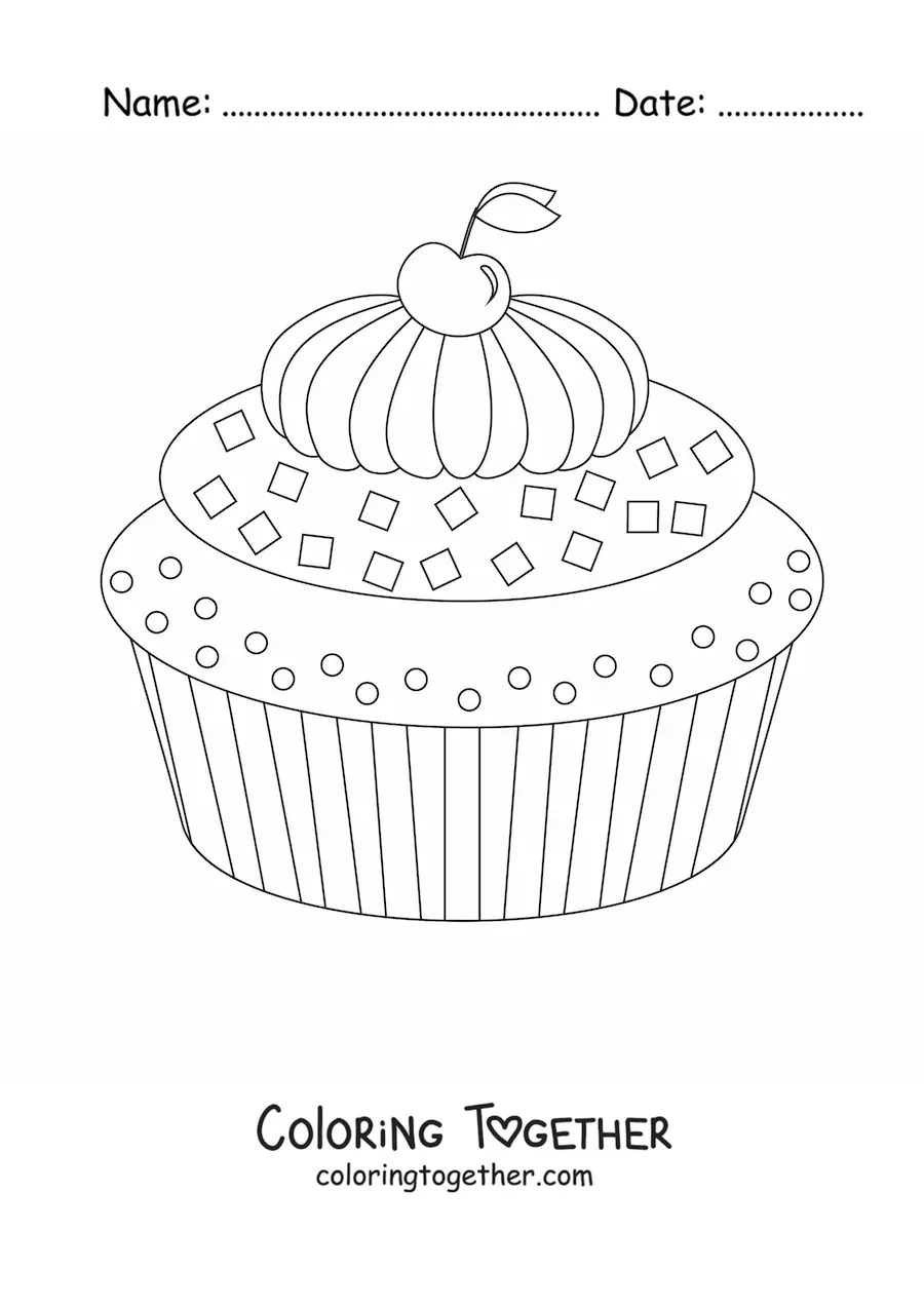 Coloring page of a cupcake with frosting and a cherry on top