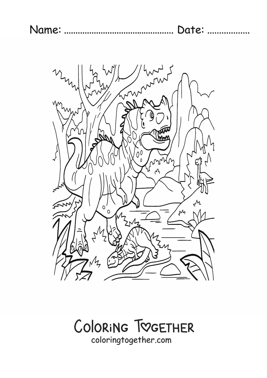 Coloring page of a dangerous carnivorous land dinosaur hunting