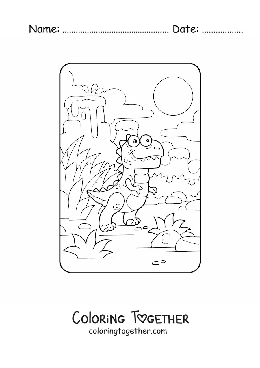 Coloring page of an animated baby carnivorous dinosaur