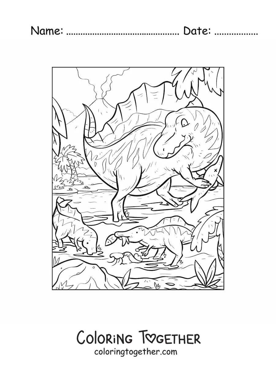 Coloring page of a carnivorous spinosaurus in its habitat with its babies