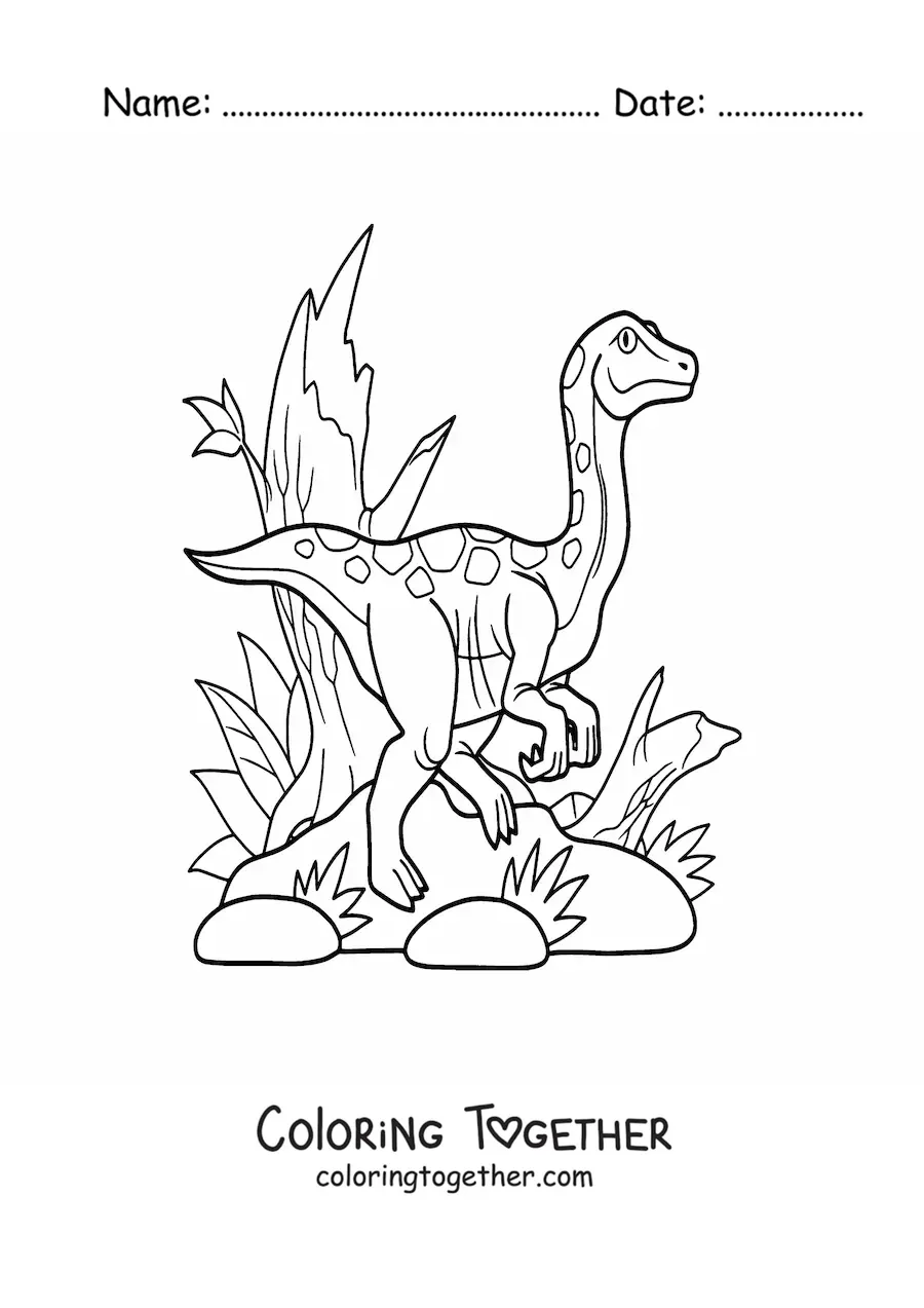 Coloring page of a carnivorous compsognathus in its habitat