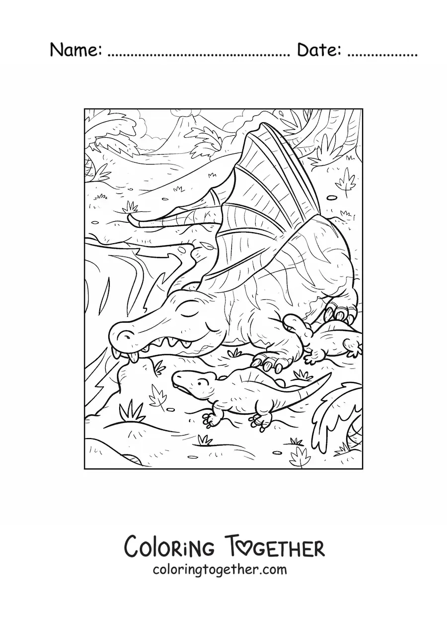 Coloring page of a carnivorous arizonasaurus in its habitat with its babies