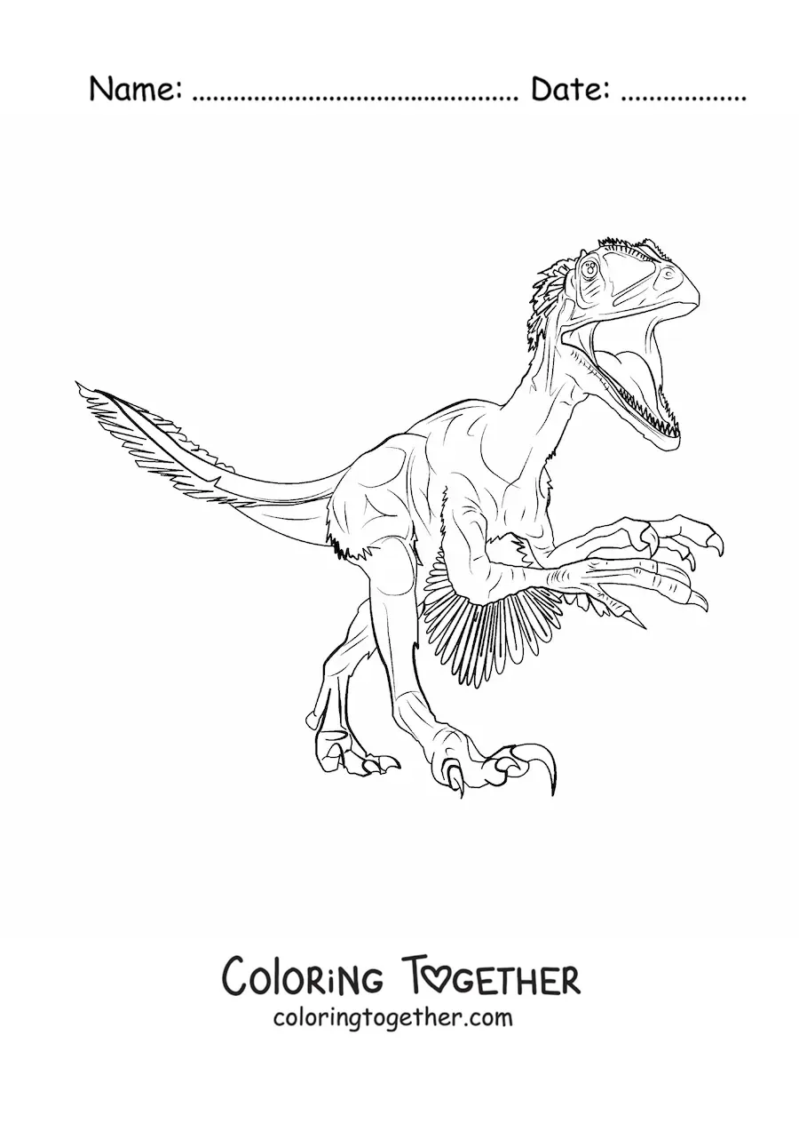Coloring page of a carnivorous deinonychus