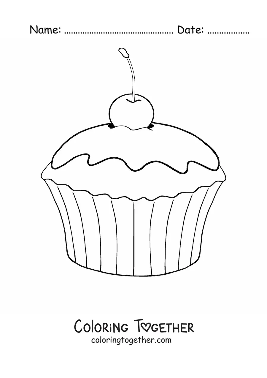 Coloring page of a cupcake with a cherry on top