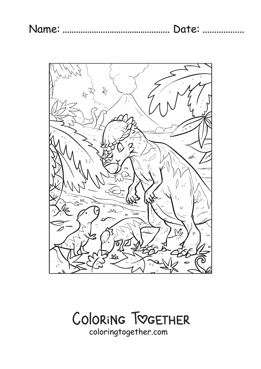 Coloring page of an omnivorous pachycephalosaurus with its babies