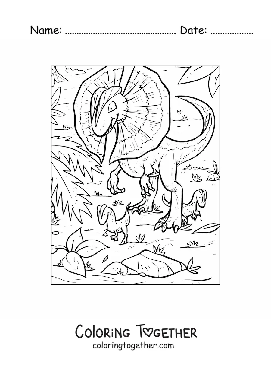 Coloring page of a carnivorous dilophosaurus in its habitat with its babies