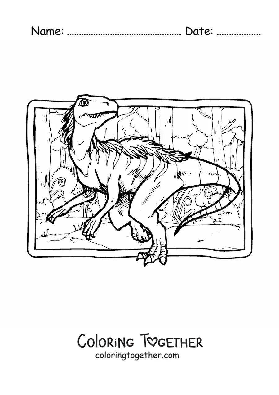 Coloring page of a realistic carnivorous juravenator