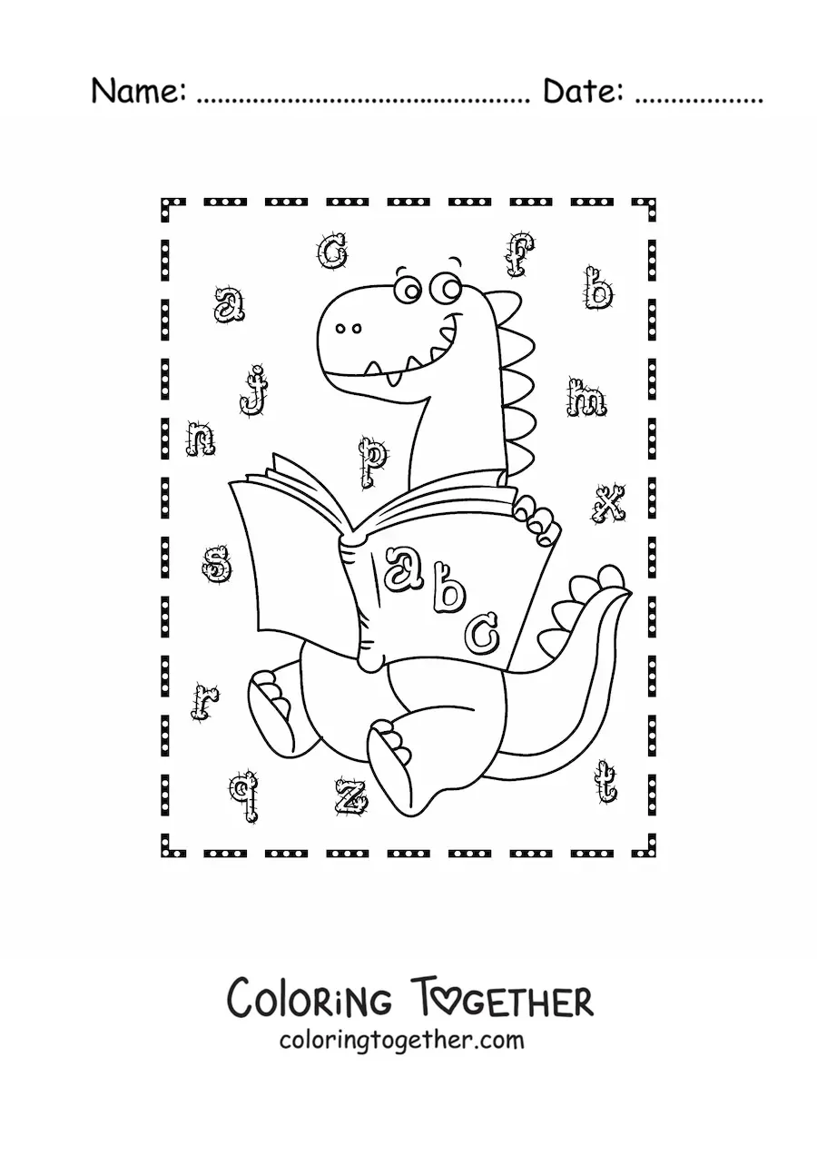 Coloring page of an animated carnivorous dinosaur reading a book