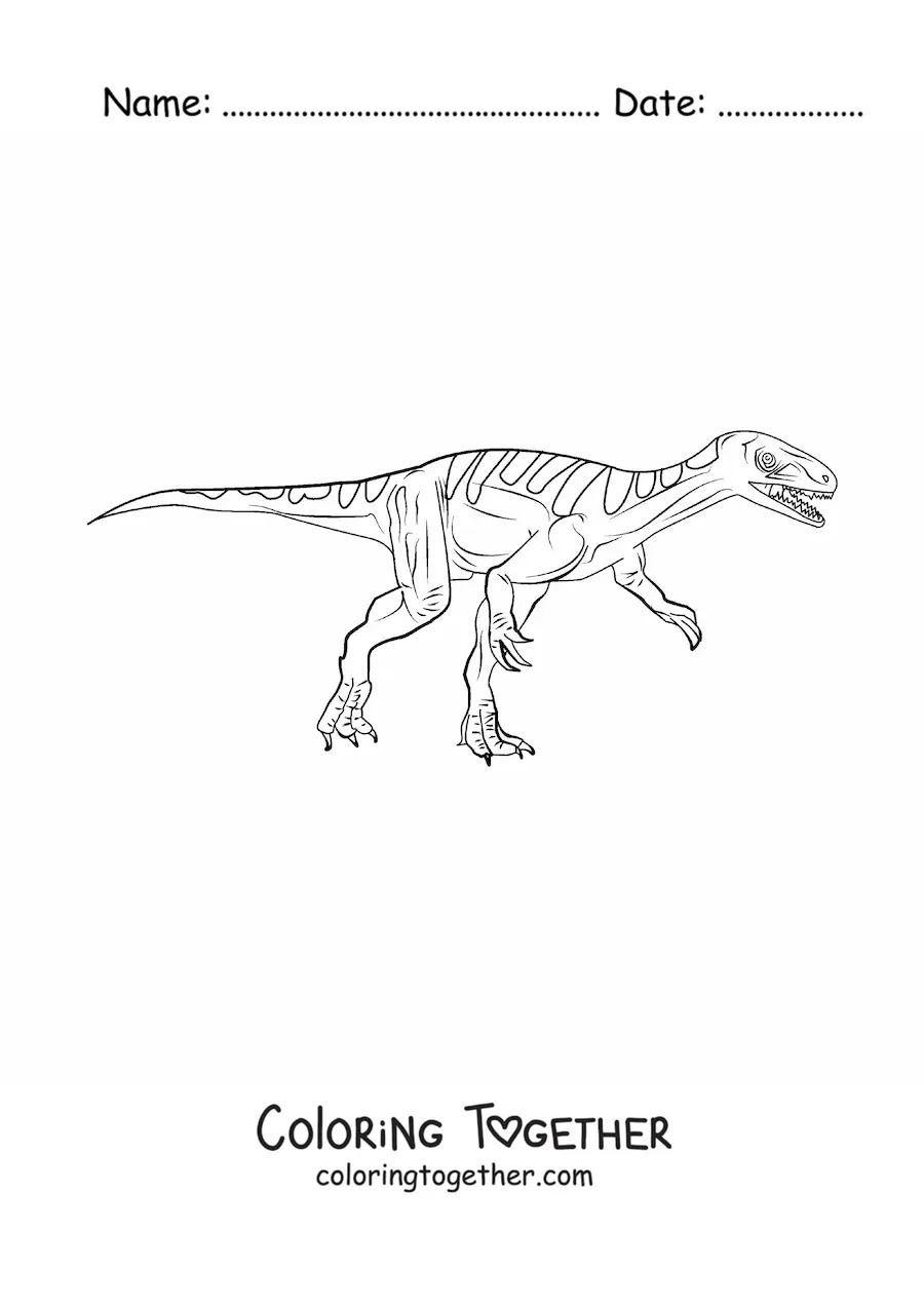 Coloring page of a realistic carnivorous dinosaur running