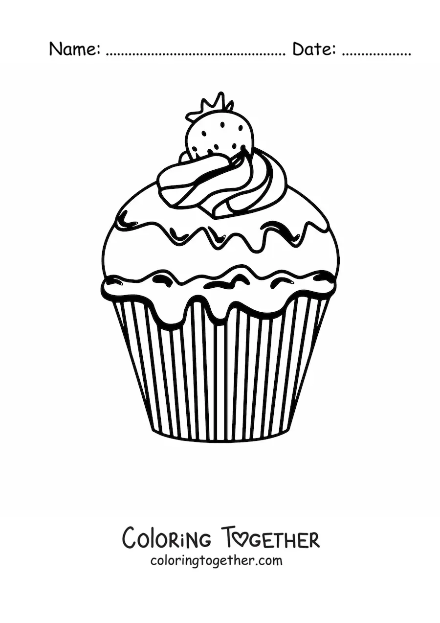 Coloring page of a cupcake with frosting and a strawberry on top