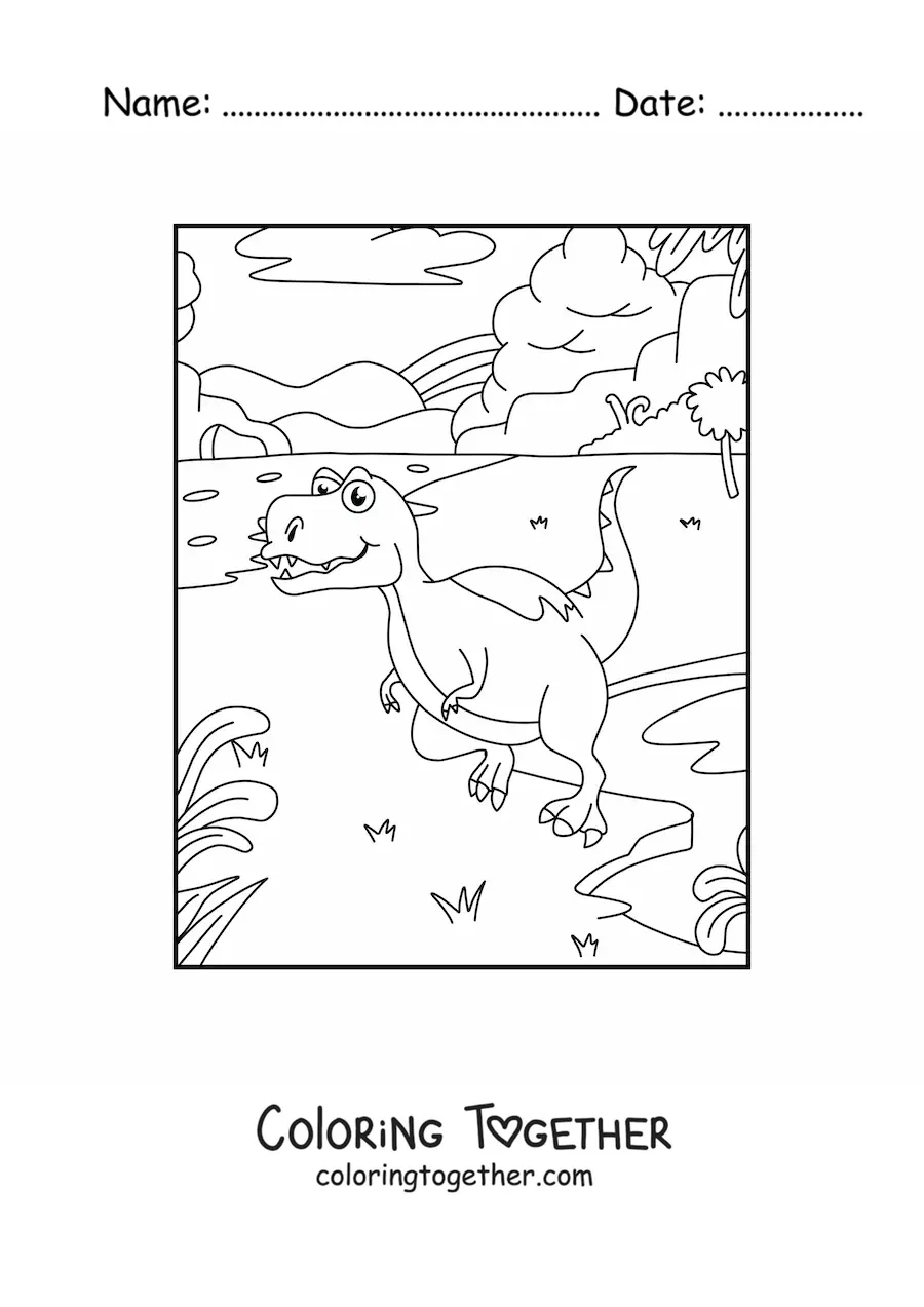 Coloring page of an animated carnivorous dinosaur in front of a volcano