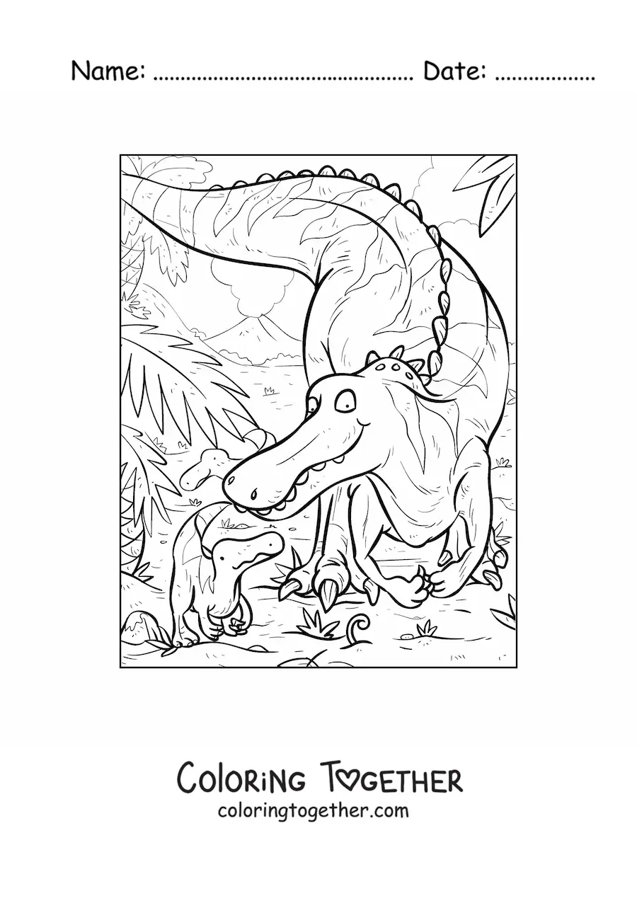 Coloring page of a carnivorous dinosaur with its offspring