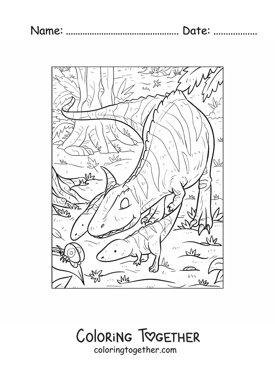 Coloring page of a carnivorous dinosaur hunting with its young
