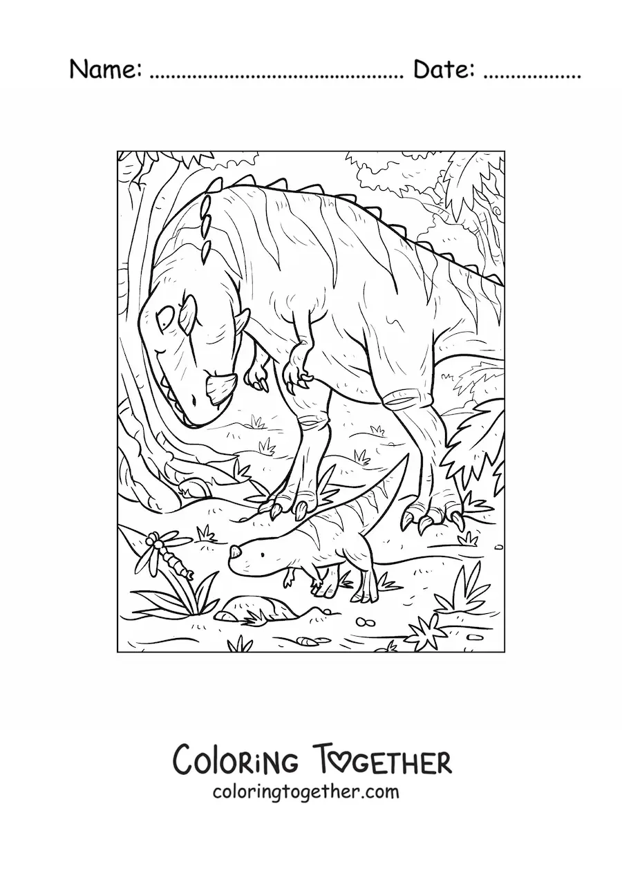 Coloring page of a carnivorous dinosaur with a horn hunting with its young