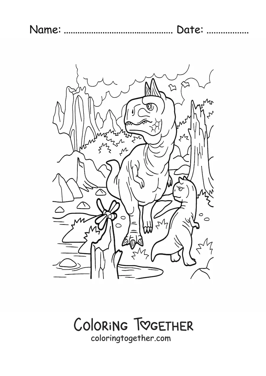 Coloring page of a large dangerous carnivorous dinosaur hunting with its baby