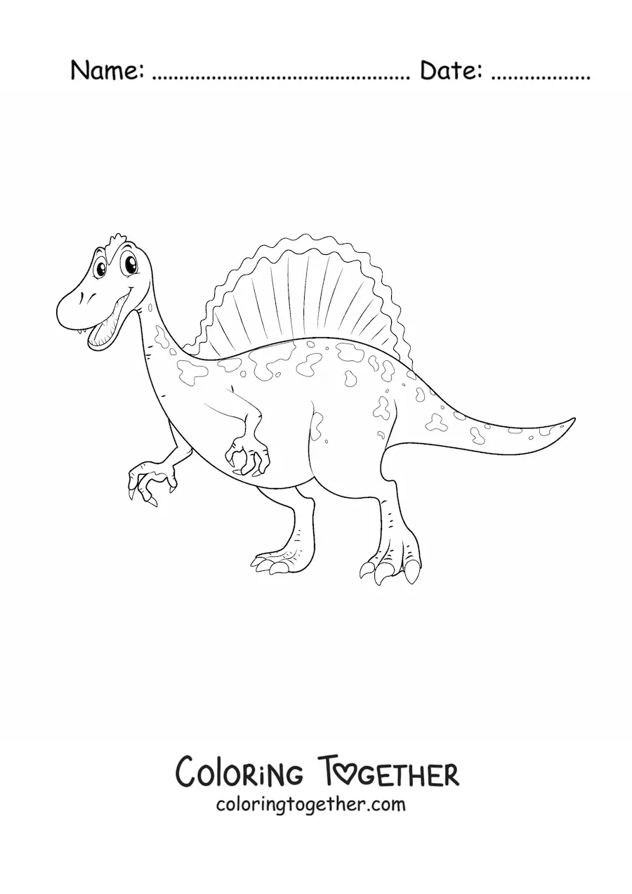 Coloring page of an animated carnivorous dinosaur smiling