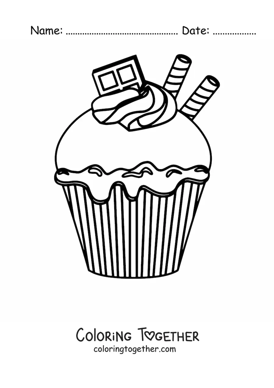 Coloring page of a cupcake with chocolate and two wafers